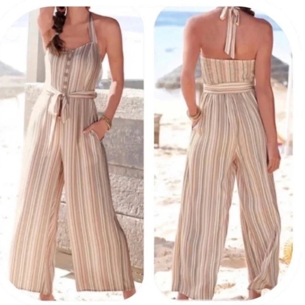 NWT American Eagle Outfitters Size Large 12 Beige Striped Halter Jumpsuit New